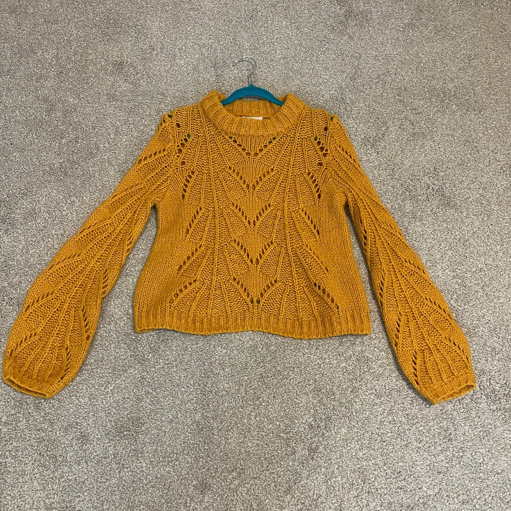 Urban Outfitters Mustard Yellow Chunky Knit Sweater Bubble Sleeve Pointelle Sm - Picture 7 of 10